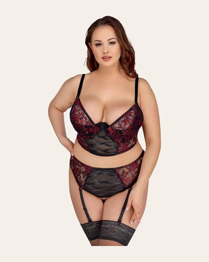 Cottelli CURVES Longline-BH plus Straps-Slip im edlen Material-Mix aus 2-farbiger Spitze und Powernet