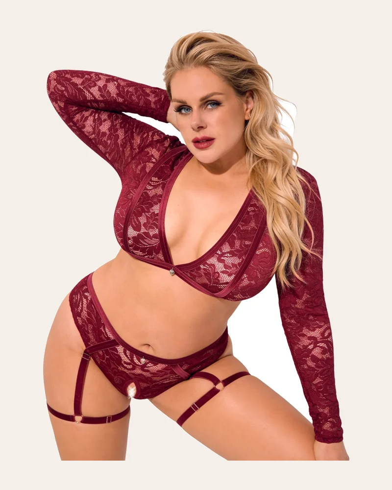 Cottelli CURVES Spitzen-Set mit Samt-Strapsen