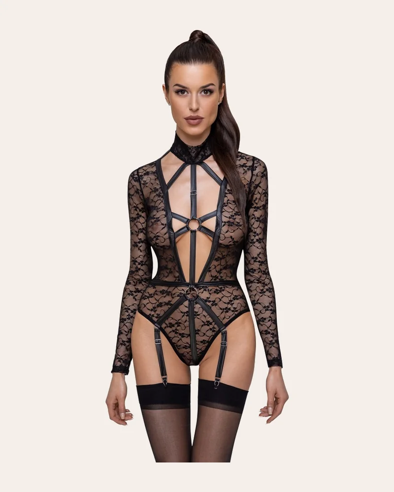 Cottelli LINGERIE Body aus Spitze mit Mattlook-Riemendetails, Strapse abnehmbar